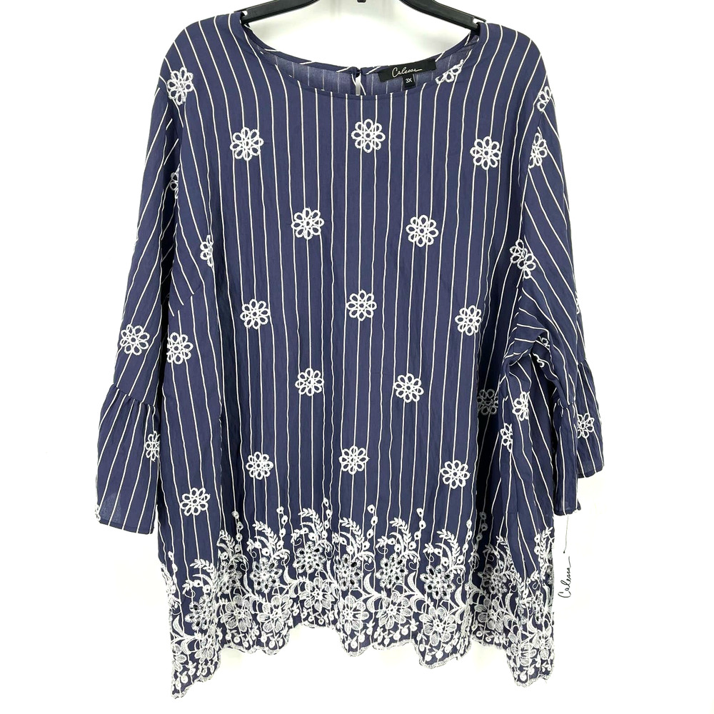 New Calessa Blue Stripe Embroidered Floral Tunic Top Shirt Womens Size Large